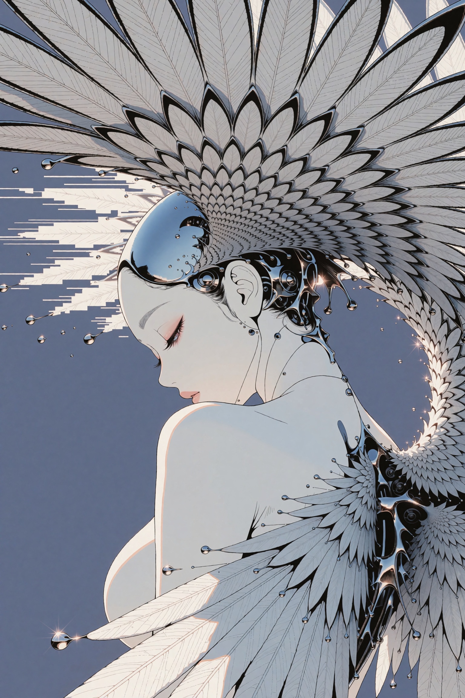 Dramatic low-angle fish's-eye view looking up from below and behind the left shoulder of a serene feminine android angel,...