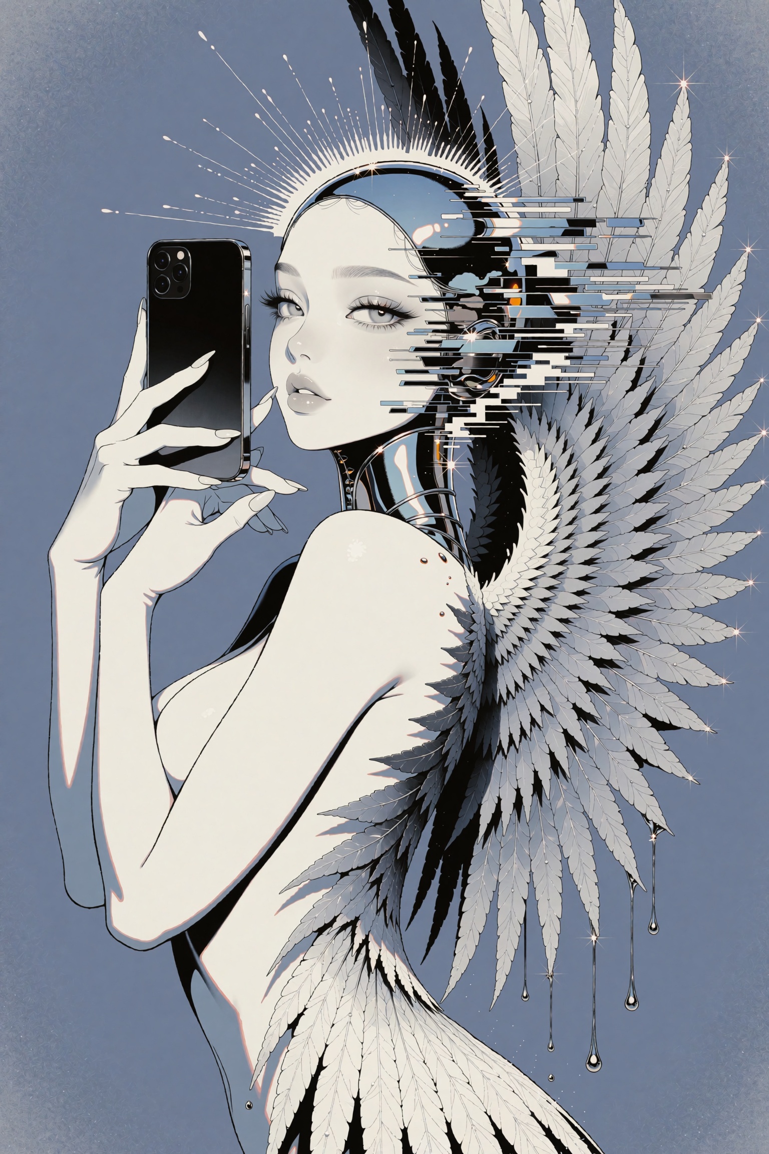 Vertical digital illustration in Y2K chrome futurism style,  composed like a mirror selfie: a serene feminine android ange...