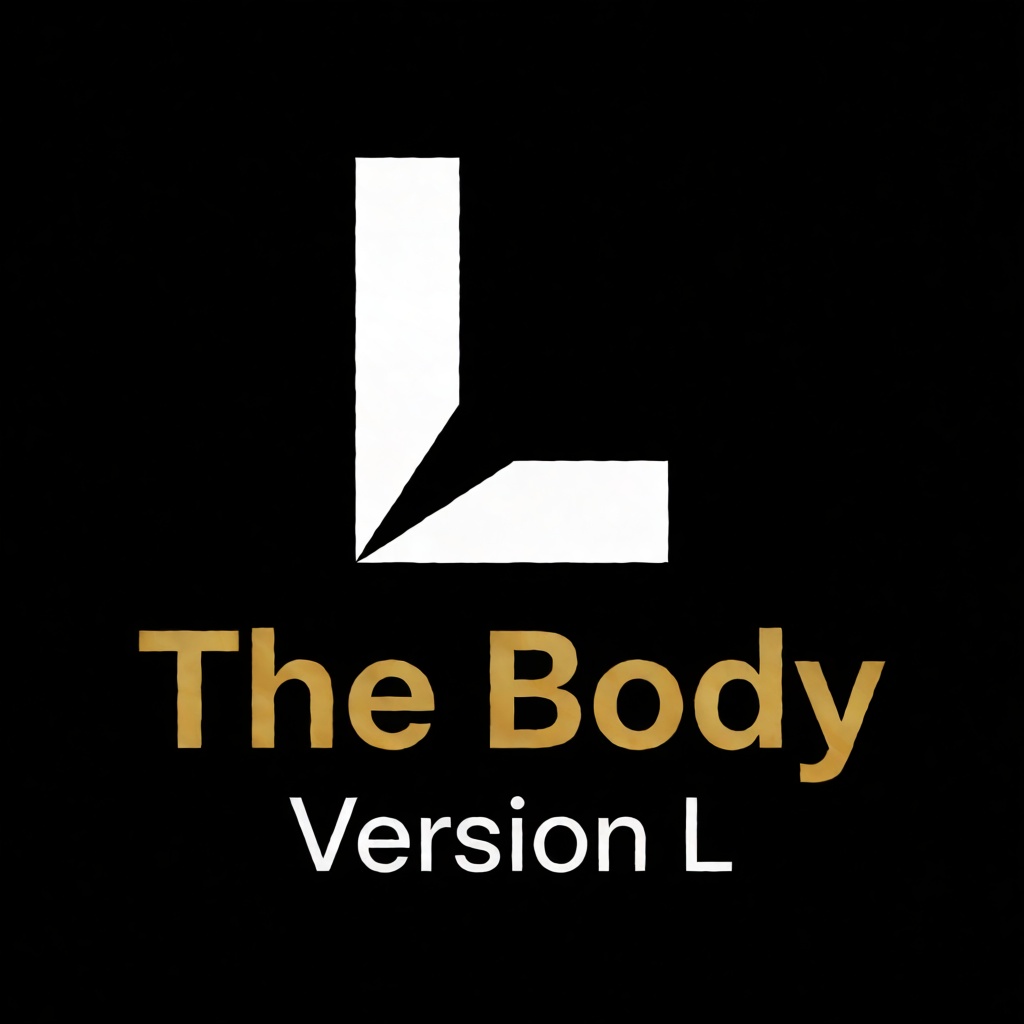 a white logo of the letter "L",  above the golden text "The Body" underneath white text "Version L",  black background on...