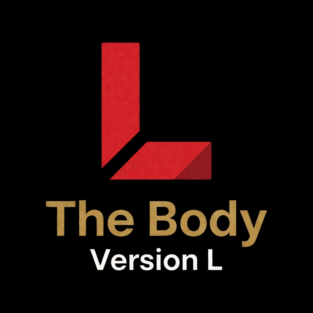 a red logo of the letter "L",  above the golden text "The Body" underneath white text "Version L",  black background on Te...