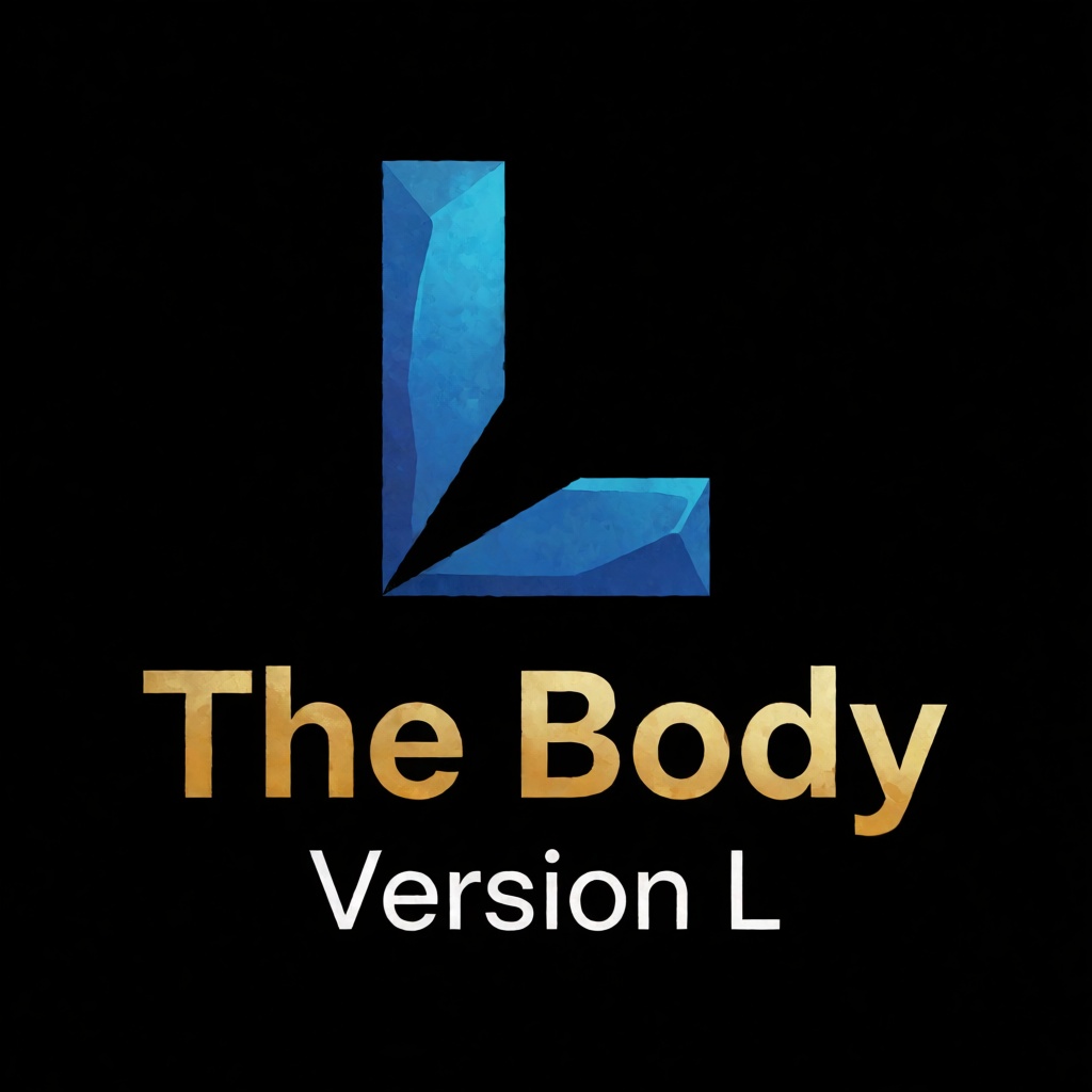 a blue logo of the letter "L",  above the golden text "The Body" underneath white text "Version L",  black background on T...