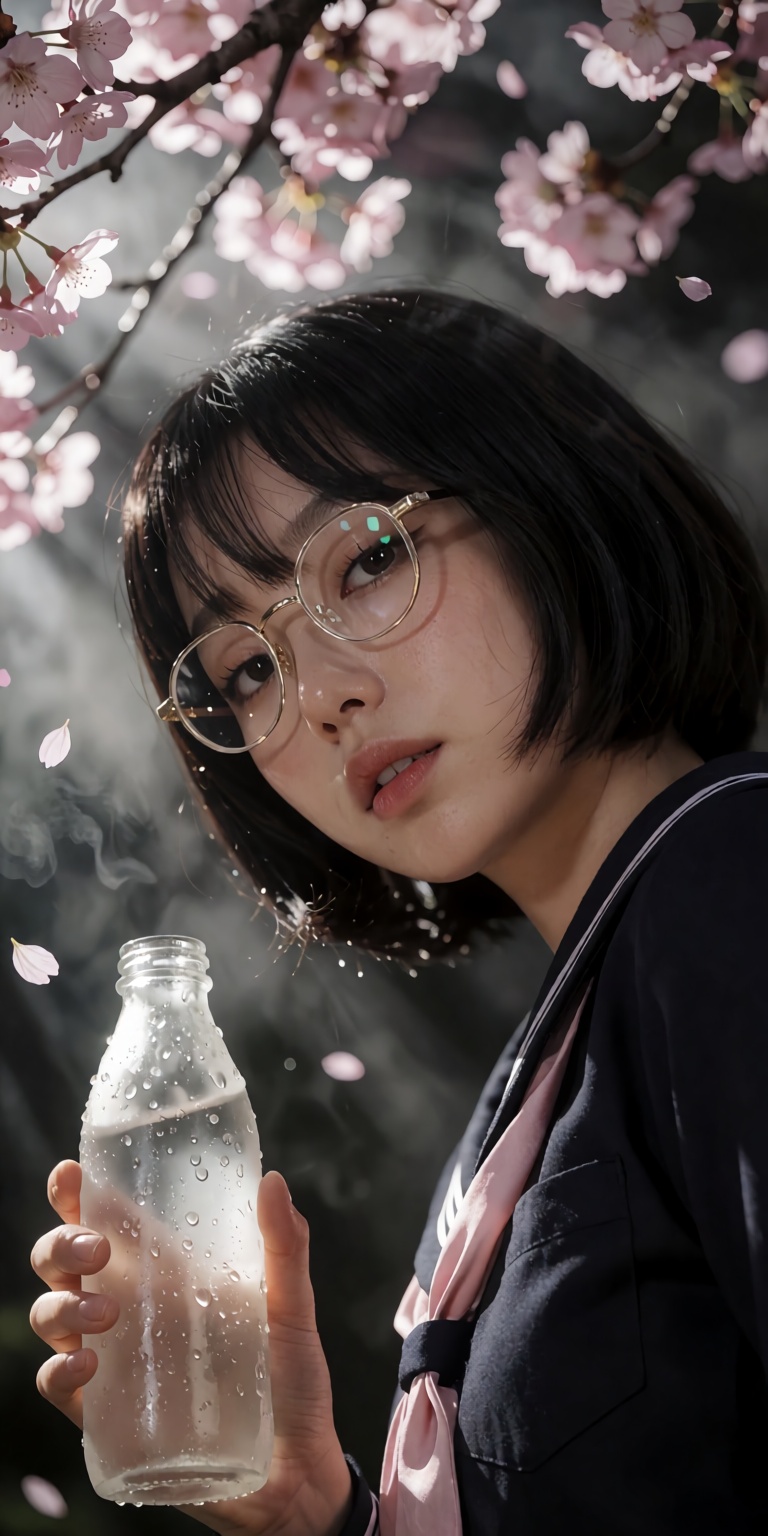 A masterpiece DSLR photorealistic portrait captured from a dynamic low-angle Dutch tilt perspective. A young woman with a...