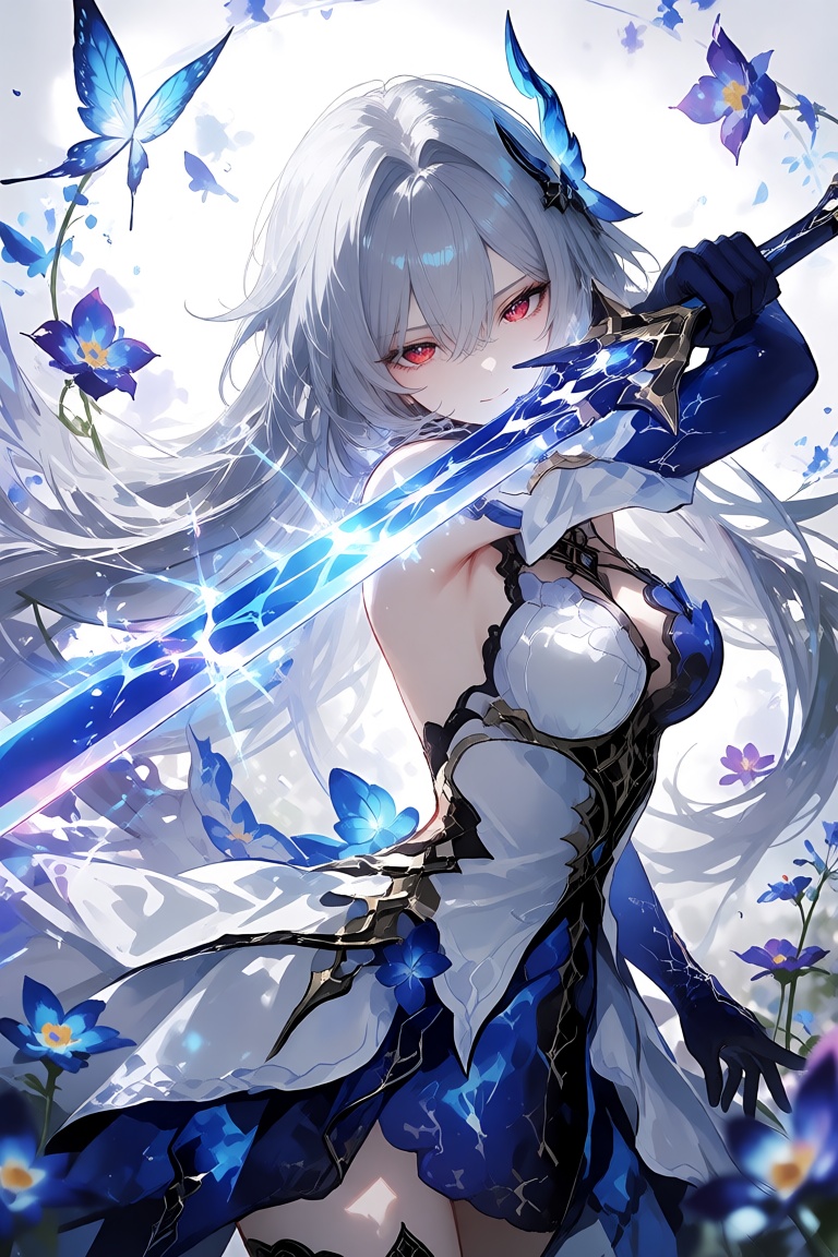 this digital anime-style illustration depicts a young woman with long,  flowing silver hair and red eyes,  wielding a glow...