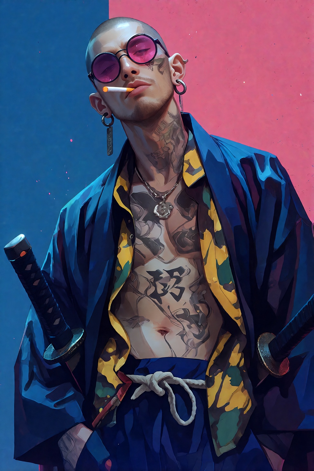 一位东亚裔中年男性,  他的头部微仰,  神情冷酷且不羁 on Tensor.Art