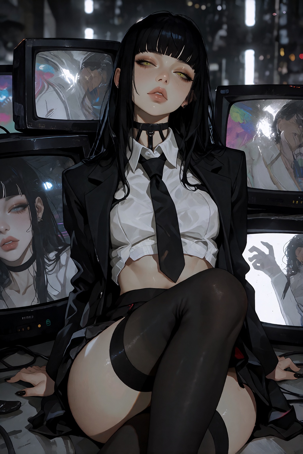 一位年轻女性坐于画面中心,  她留着浓密的齐刘海黑色长发,  面部轮廓精致 on Tensor.Art