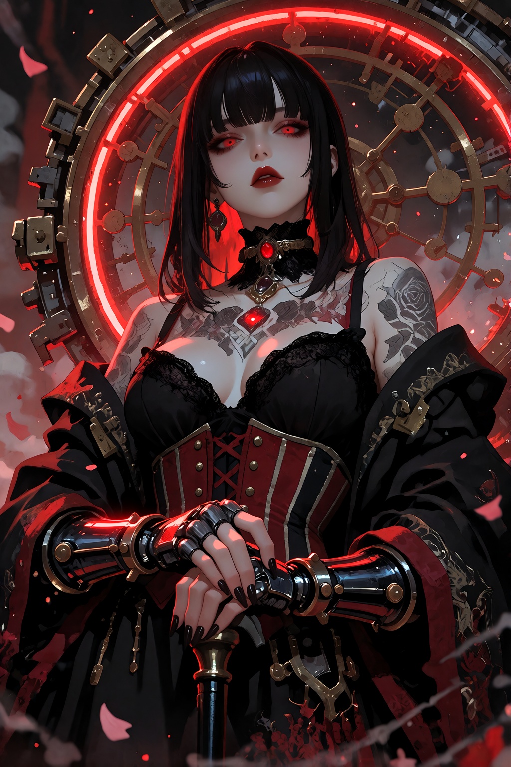 一位东亚年轻女性,  有着精致且苍白的皮肤,  深邃且发红的眼睛 on Tensor.Art