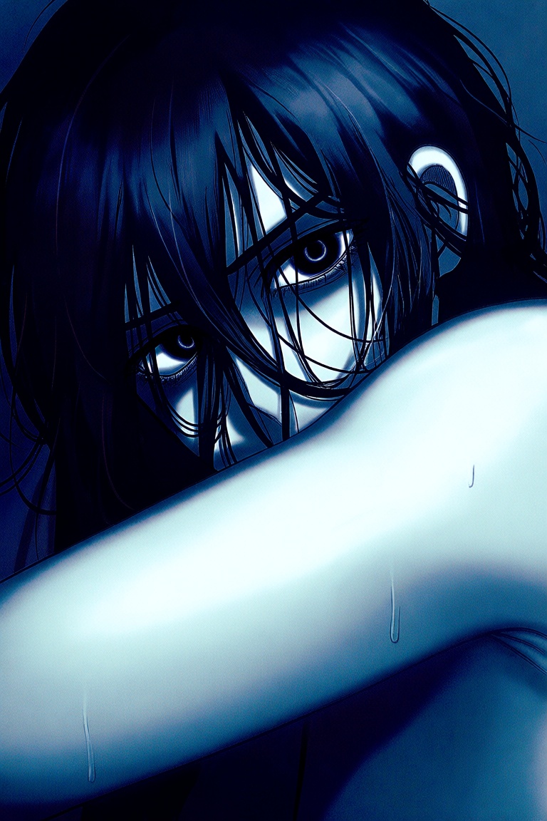 An extreme,  highly atmospheric close-up portrait of a mysterious girl looking intensely over her arm,  which is raised to...