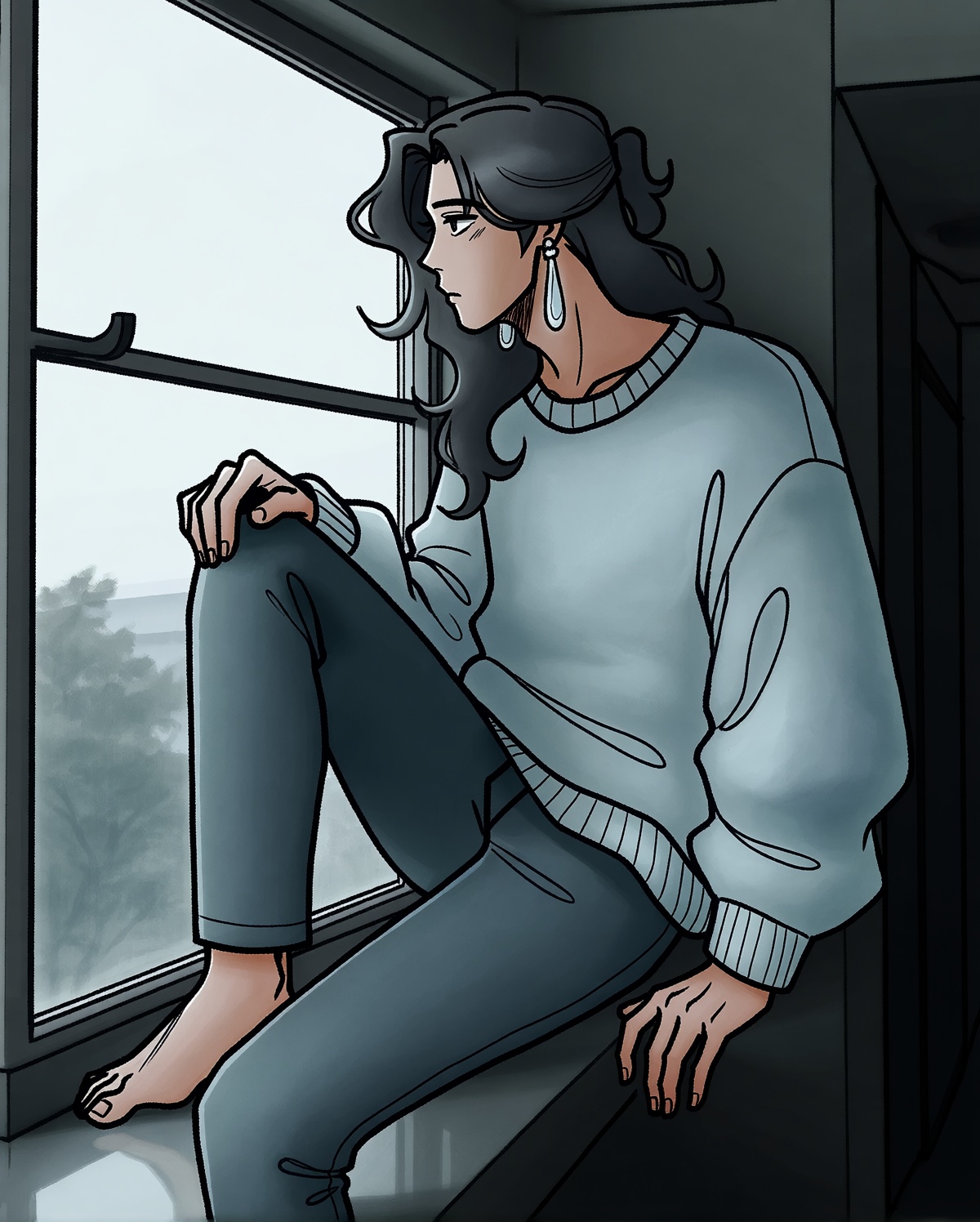 A slender man with long hair in a loose oversized sweater and long earrings sits sideways on a windowsill with one knee pu...