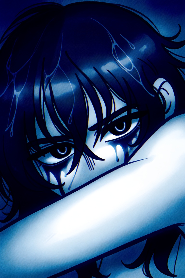 An extreme,  highly atmospheric close-up portrait of a mysterious girl looking intensely over her arm,  which is raised to...