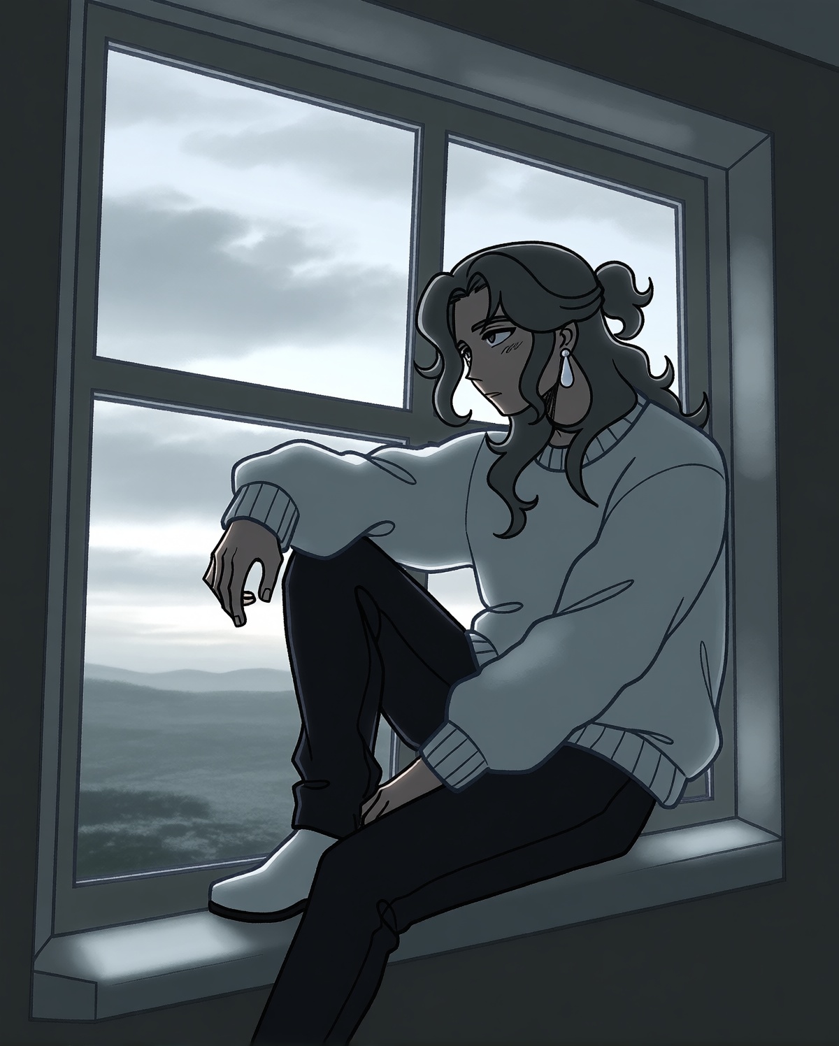 A slender man with long hair in a loose oversized sweater and long earrings sits sideways on a windowsill with one knee pu...