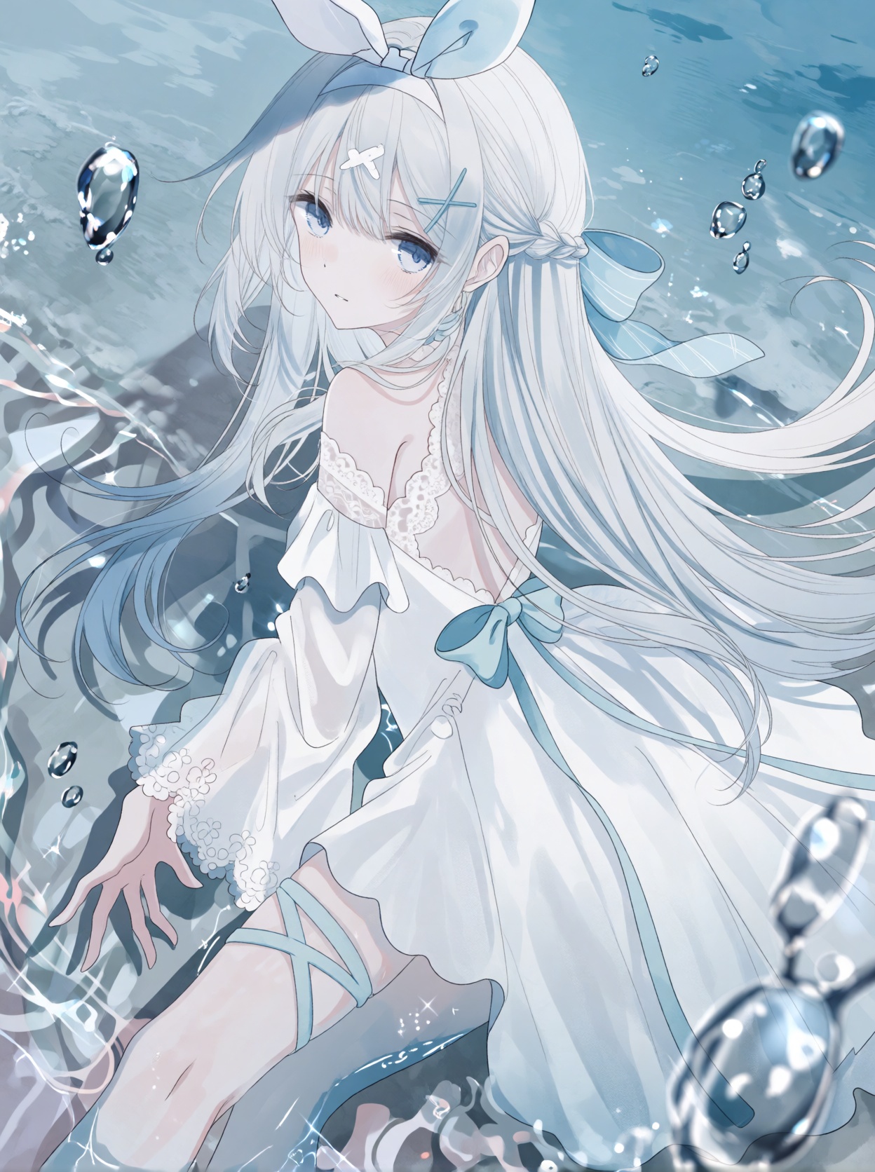a slender,  graceful figure with long,  flowing silver-white hair adorned with a large blue ribbon stands in a serene aqua...