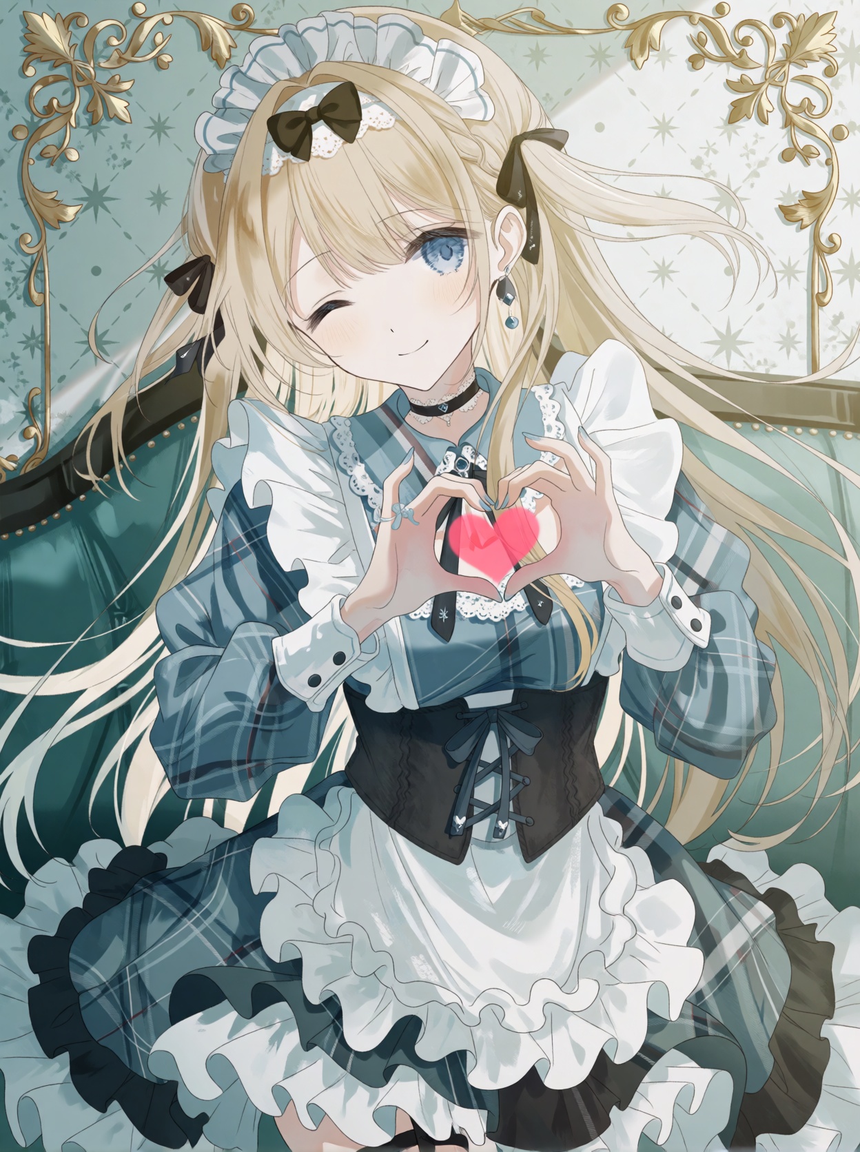 a blonde-haired anime-style female character with long,  flowing hair adorned with a white frilly headband and a small bla...