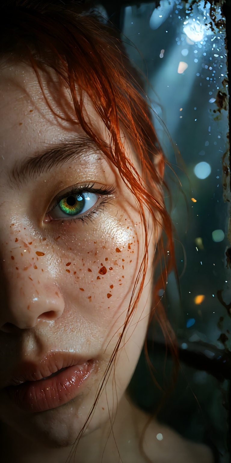 extreme macro portrait framing two-thirds of face,  dynamic high-angle shot,  subtle 15-degree Dutch tilt on Tensor.Art
