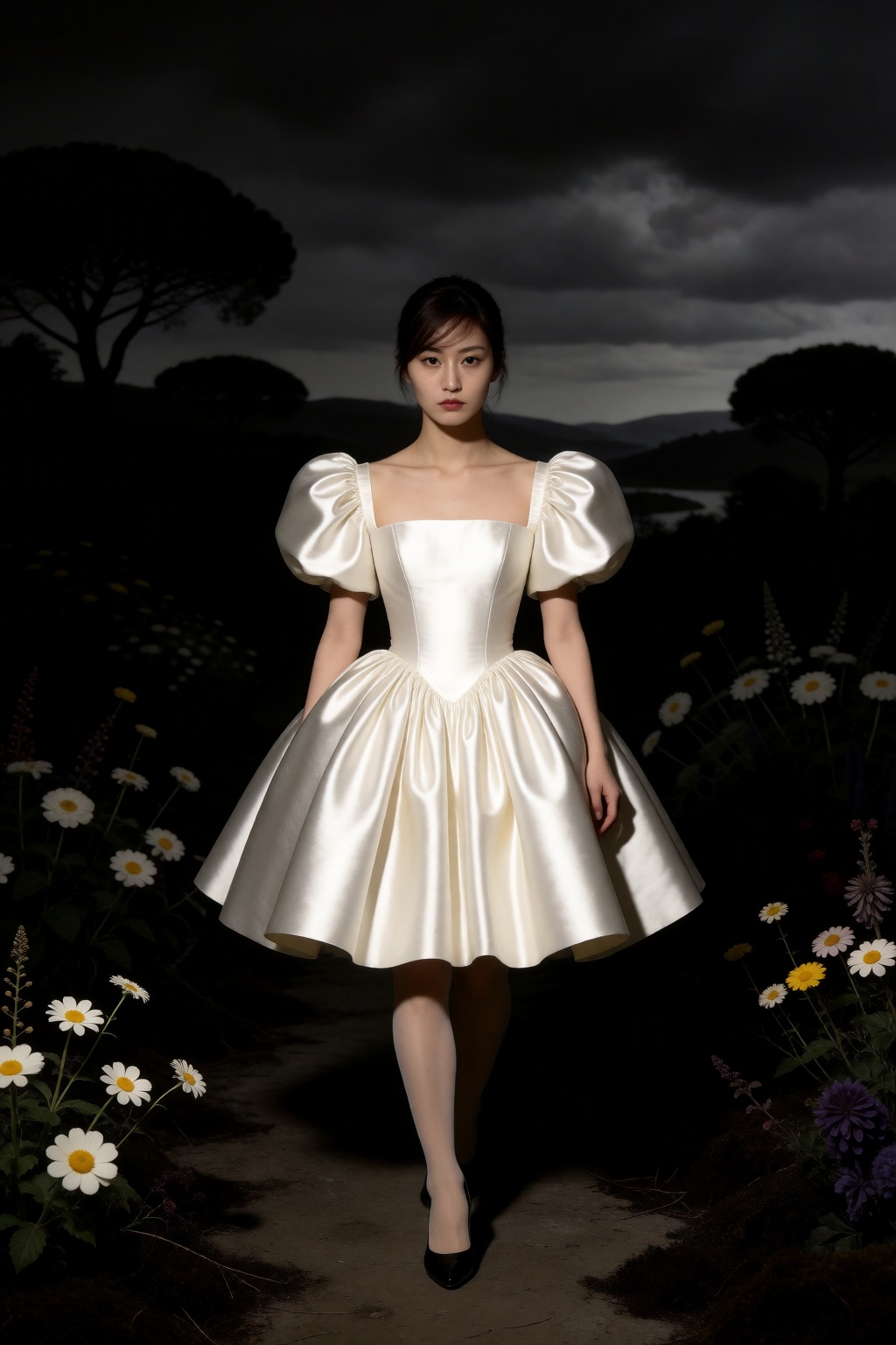 Create a surreal advertising campaign where a KPOP model,  styled in Alexander McQueen's exaggerated silhouette dresses,...