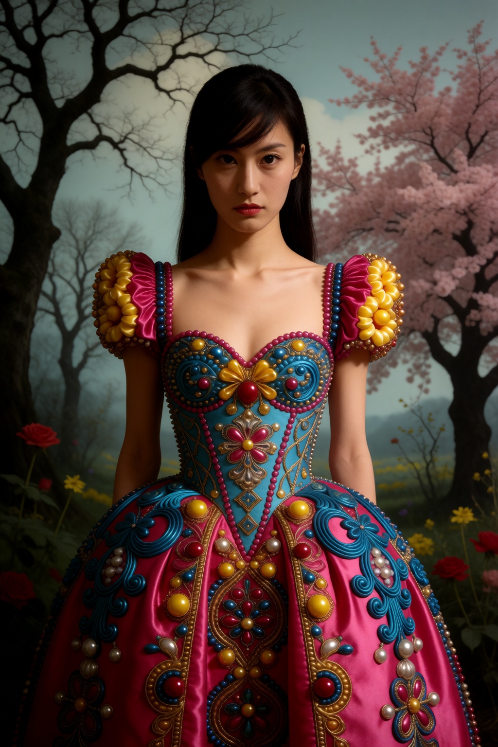 Create a surreal advertisement featuring a KPOP model in Alexander McQueen's exaggerated silhouette dress,  set against a...