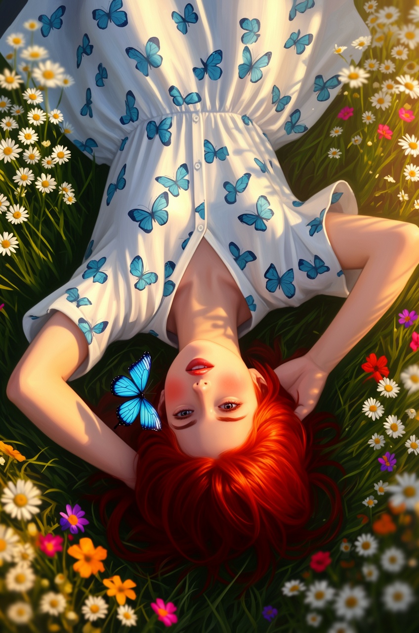 A woman lies on her back in sunlit grass,  red hair fanned out beneath her,  arms tucked behind her head. She looks direct...