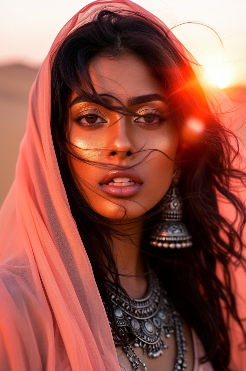 Beautiful close-up of a stunning Bollywood actress capturing a sultry,  free-spirited moment at sunset. She is looking dir...
