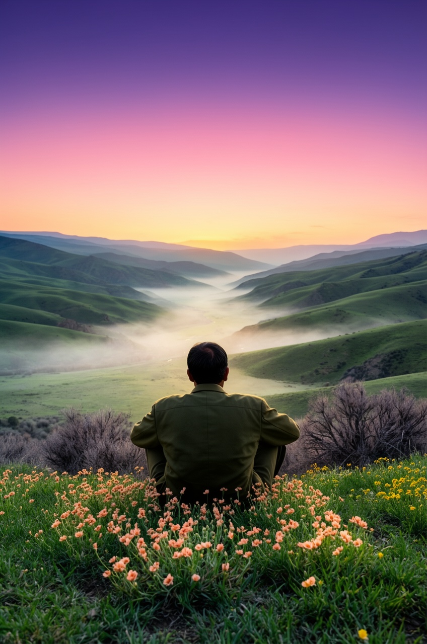 A broad valley landscape at dawn,  viewed from a grassy hilltop. An Indian war veteran sits on the slope with his back to...
