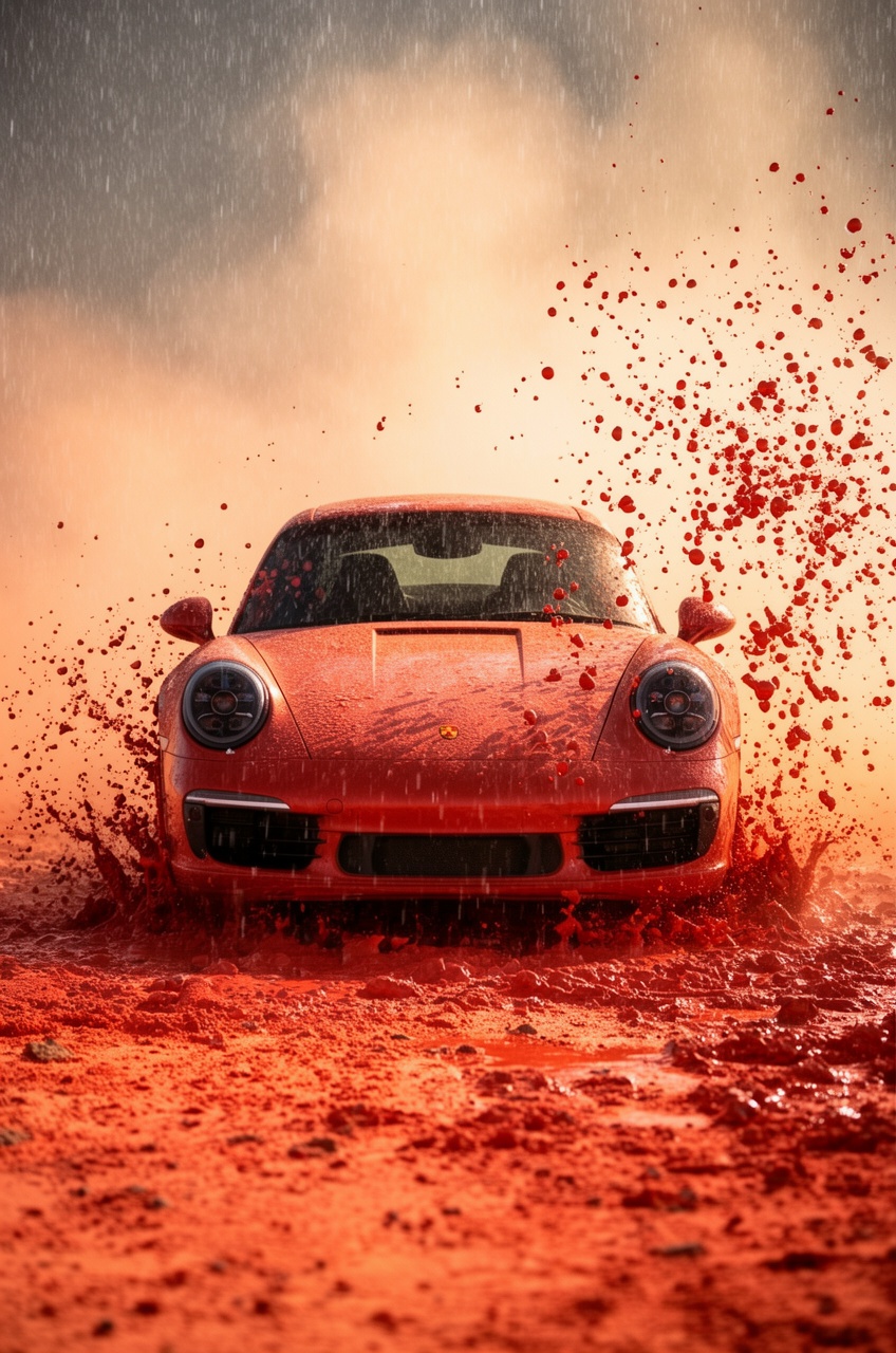 Action: Rain in the desert,  hitting the hot sand. Effect: Dust and water droplets mixing in a "frozen mud" atmosphere. Pr...