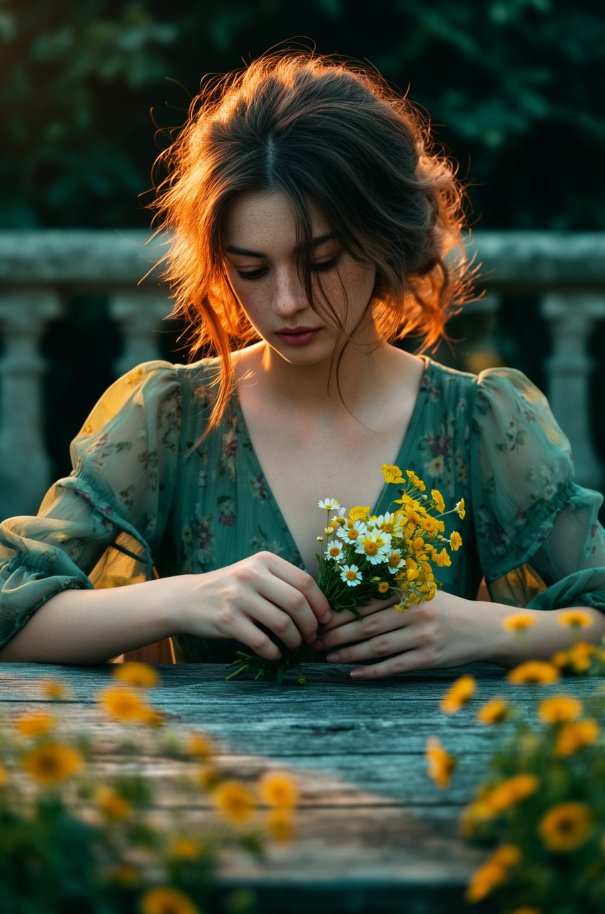 Eye-level medium shot of a young woman seated at a rustic aged wooden garden table,  head tilted downward,  eyes lowered o...