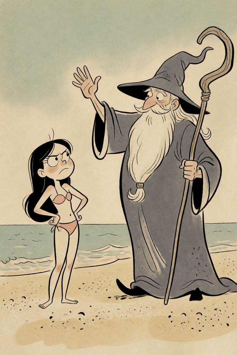 a wizard waving to an annoyed girl in a bikini on a beach on Tensor.Art