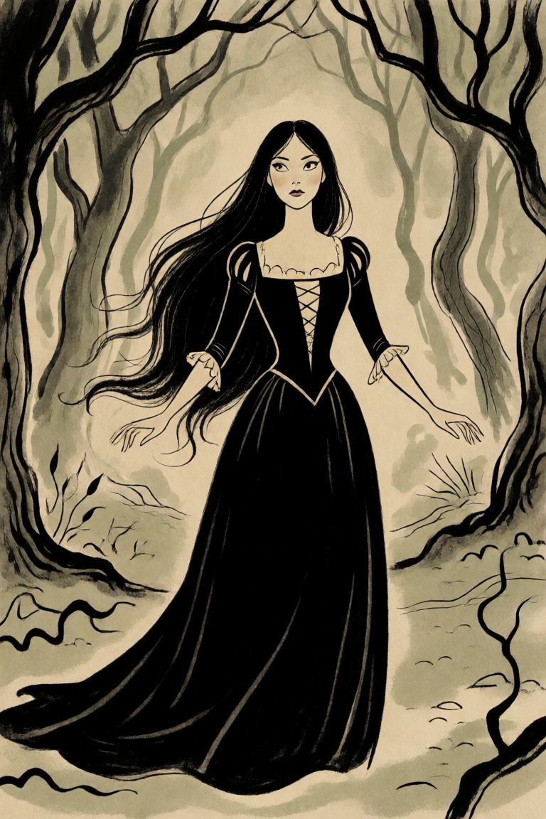a woman in a black dress in a mysterious forest,  long black hair on Tensor.Art