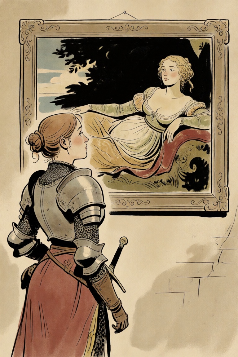 a woman wearing medieval fantasy armor,  admiring a renaissance painting of a lounging woman hanging in a frame on the wal...
