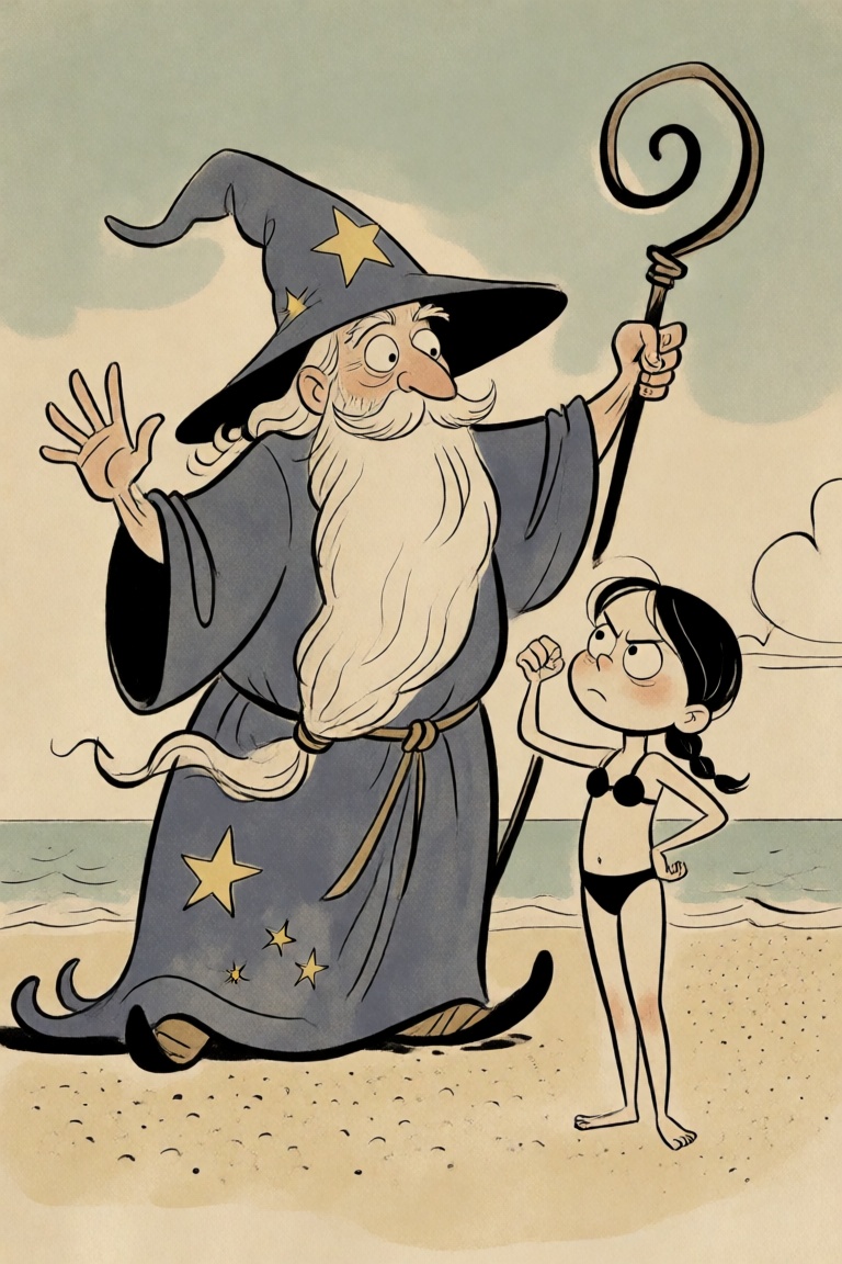 a wizard waving to an annoyed girl in a bikini on a beach on Tensor.Art
