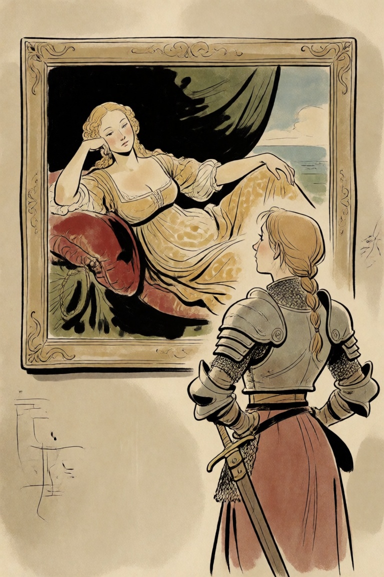 a woman wearing medieval fantasy armor,  admiring a renaissance painting of a lounging woman hanging in a frame on the wal...