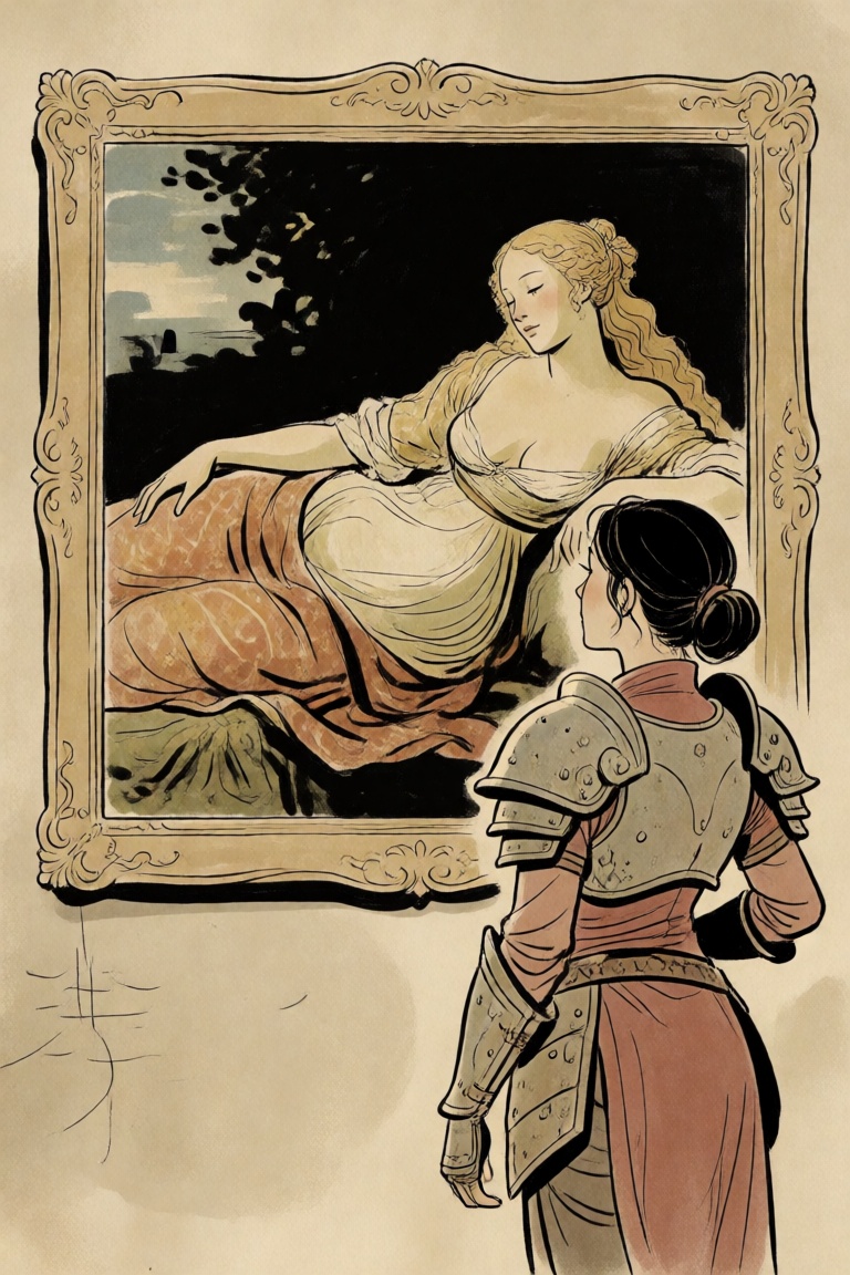 a woman wearing sci-fi fantasy armor,  admiring a renaissance painting of a lounging woman hanging in a frame on the wall...