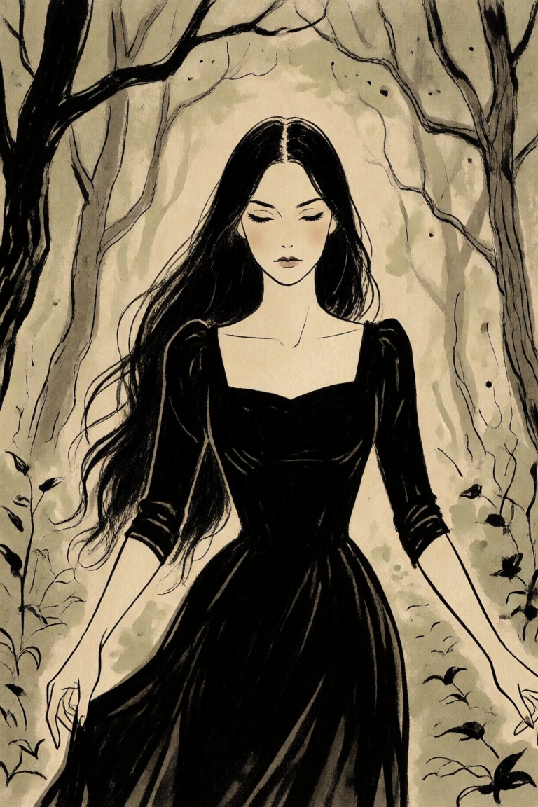 a woman in a black dress in a mysterious forest,  long black hair on Tensor.Art