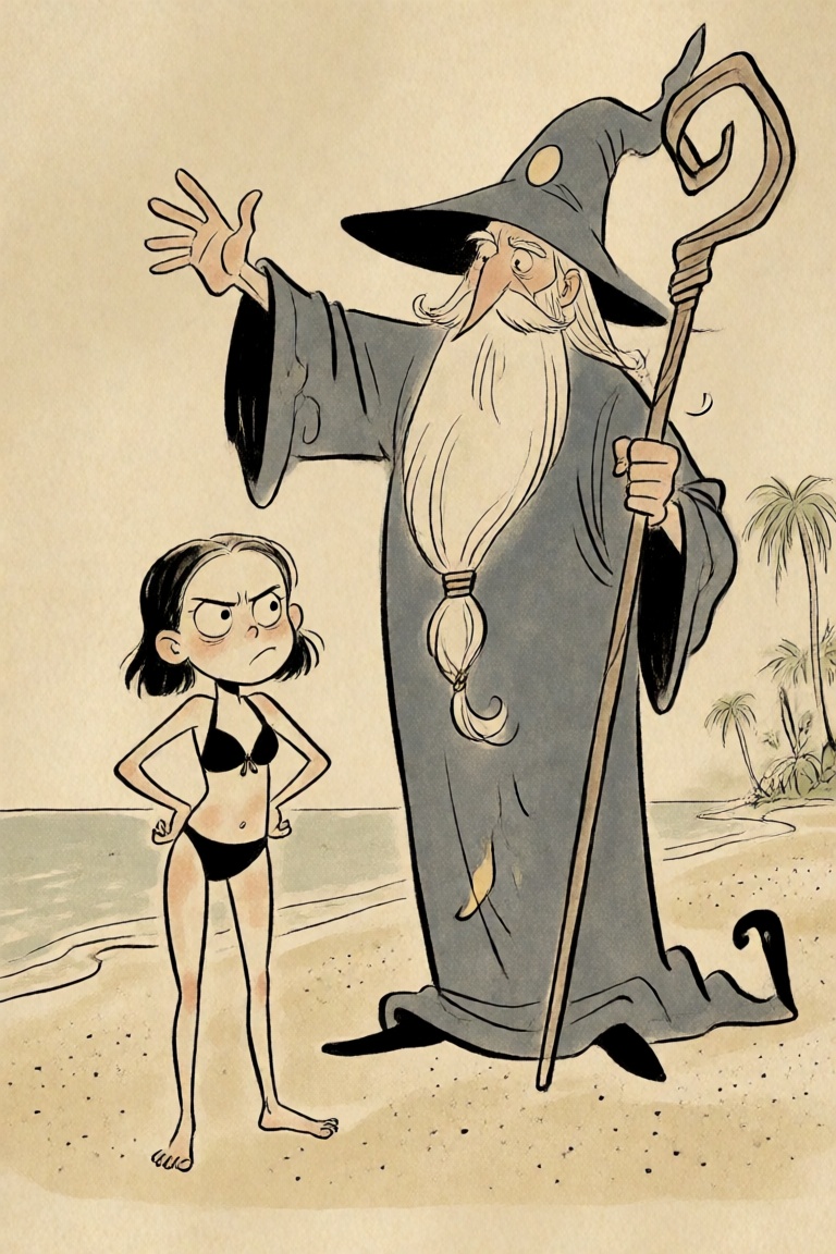 a wizard waving to an annoyed girl in a bikini on a beach on Tensor.Art