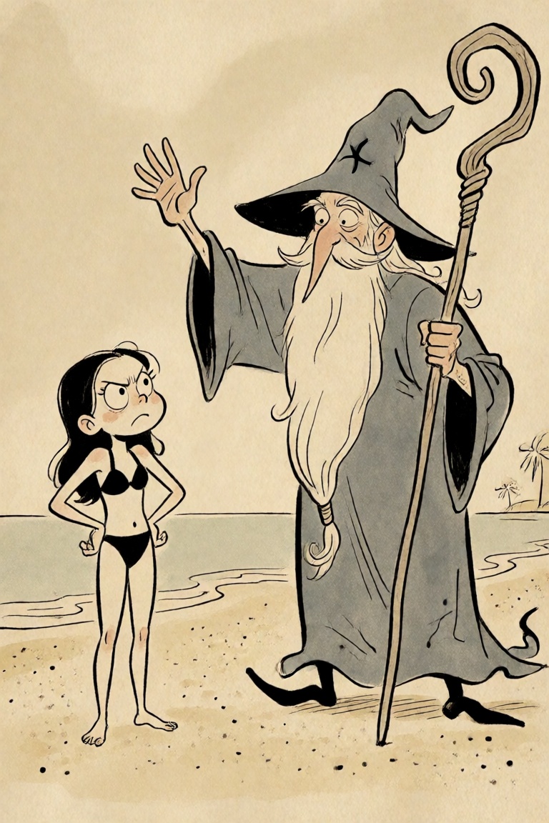 a wizard waving to an annoyed girl in a bikini on a beach on Tensor.Art