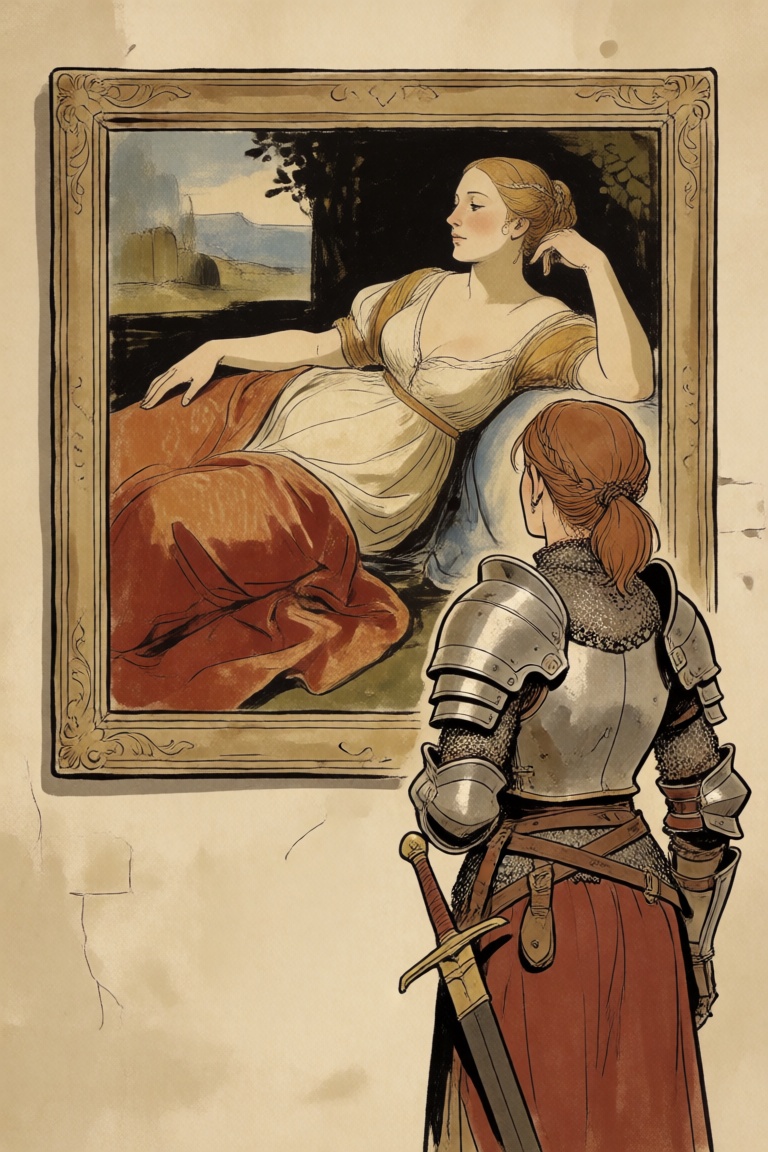 a woman wearing medieval fantasy armor,  admiring a renaissance painting of a lounging woman hanging in a frame on the wal...