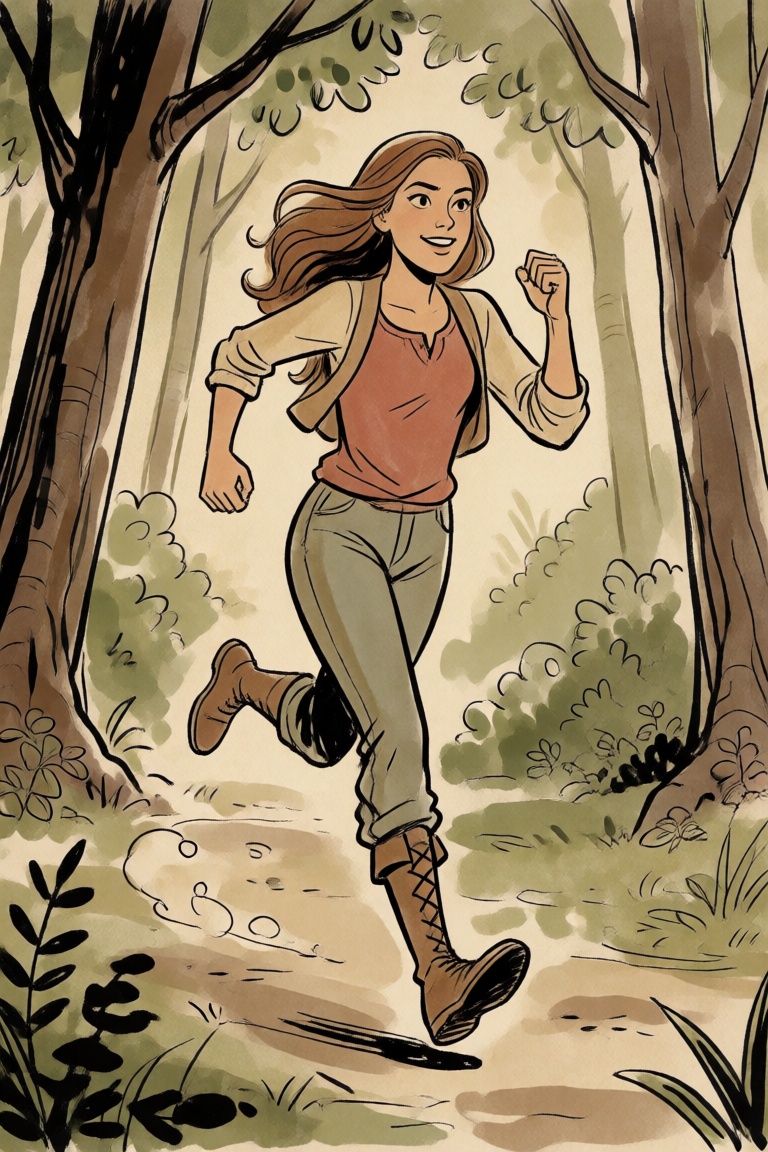 a woman running through a forest on Tensor.Art
