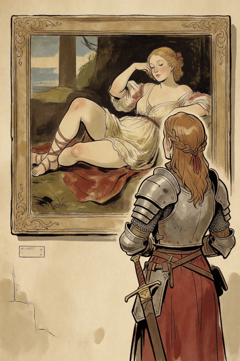 a woman wearing medieval fantasy armor,  admiring a renaissance painting of a lounging woman hanging in a frame on the wal...