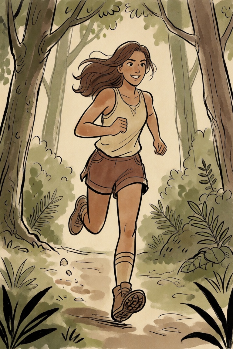 a woman running through a forest on Tensor.Art