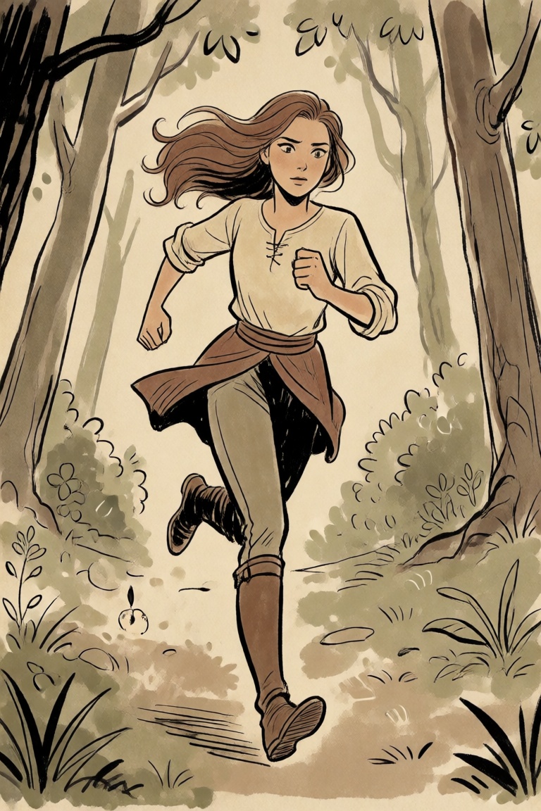 a woman running through a forest on Tensor.Art