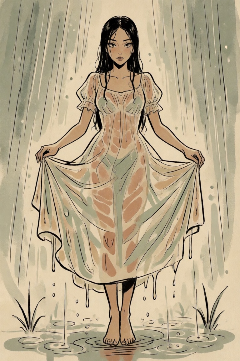 a woman wearing a translucent dress,  in the rain,  standing on Tensor.Art