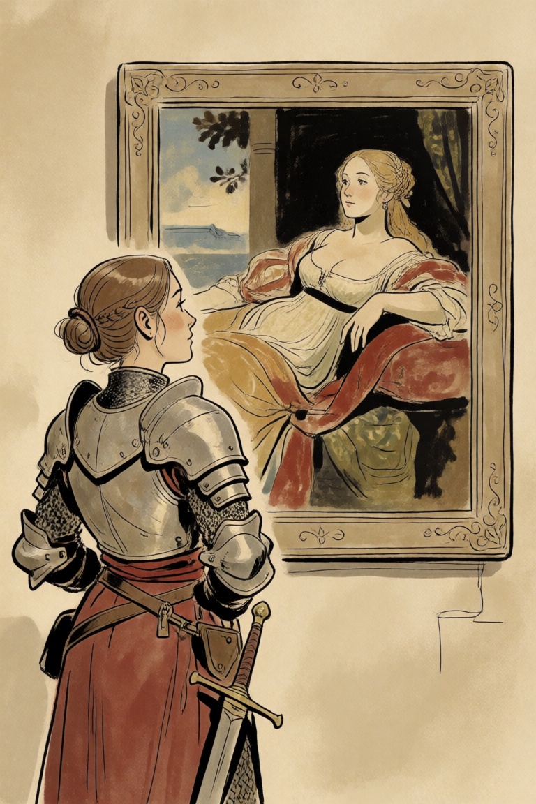 a woman wearing medieval fantasy armor,  admiring a renaissance painting of a lounging woman hanging in a frame on the wal...