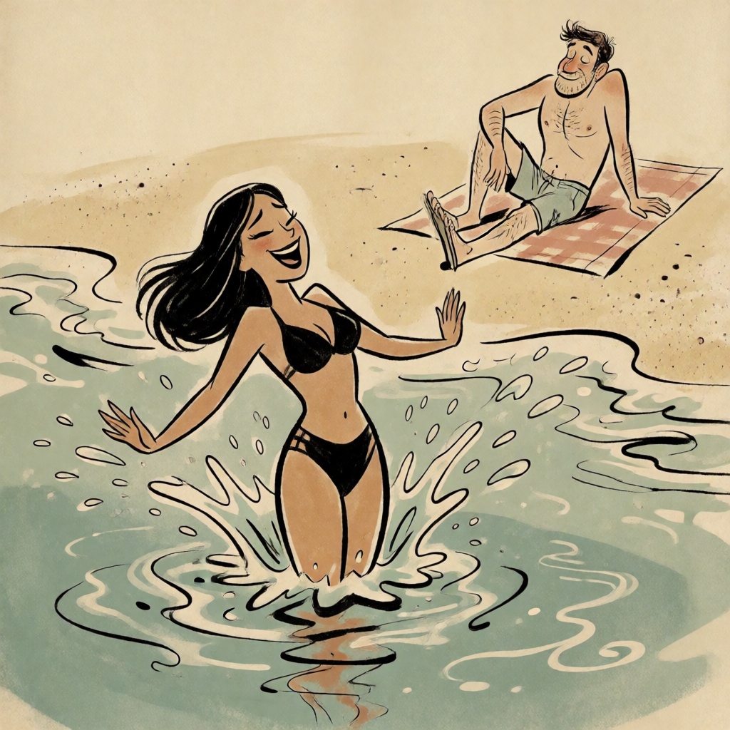 a woman splashing in the water near a beach,  a man in swim trunks sitting on a towel nearby on Tensor.Art