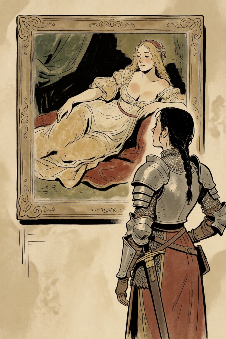 a woman wearing medieval fantasy armor,  admiring a renaissance painting of a lounging woman hanging in a frame on the wal...