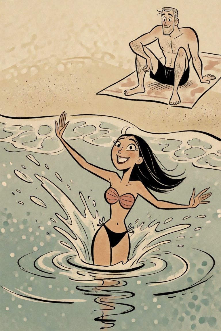 a woman splashing in the water near a beach,  a man in swim trunks sitting on a towel nearby on Tensor.Art