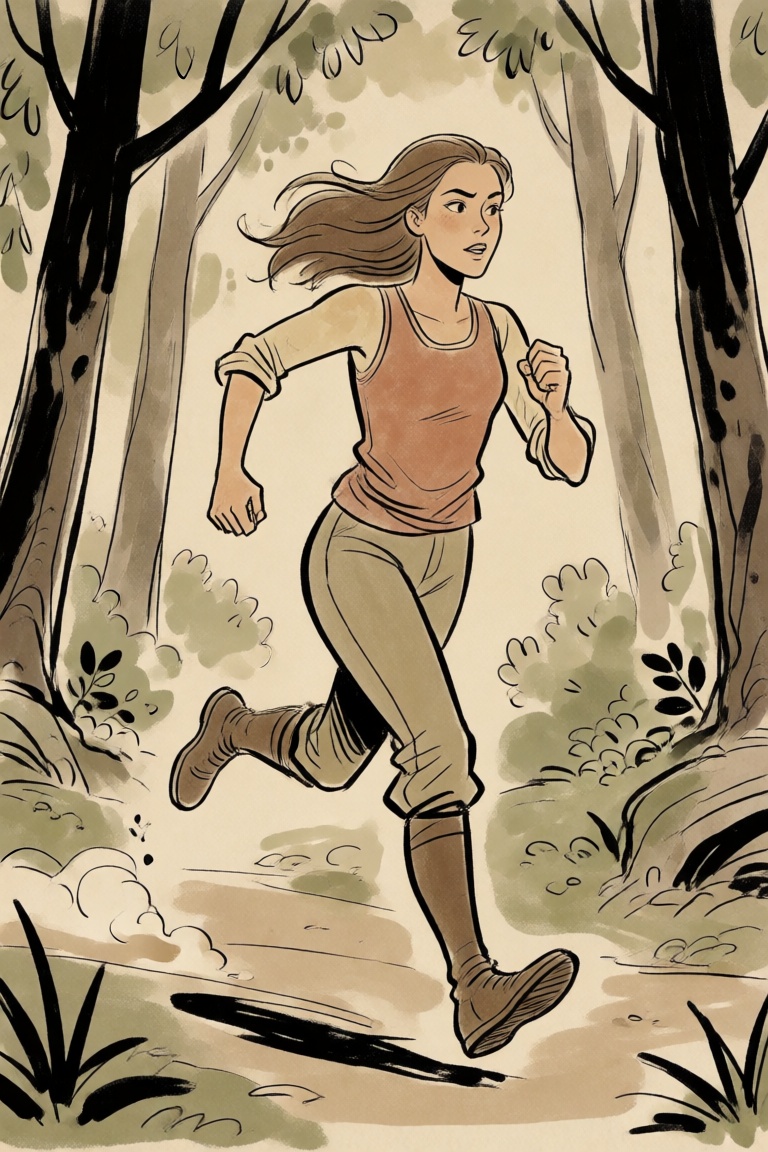 a woman running through a forest on Tensor.Art