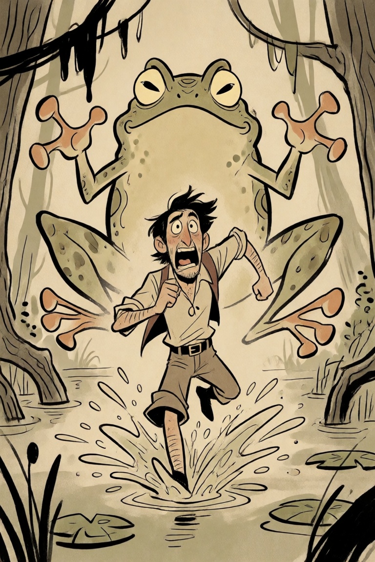 a man running through a swamp,  splashing,  chased by a giant frog on Tensor.Art