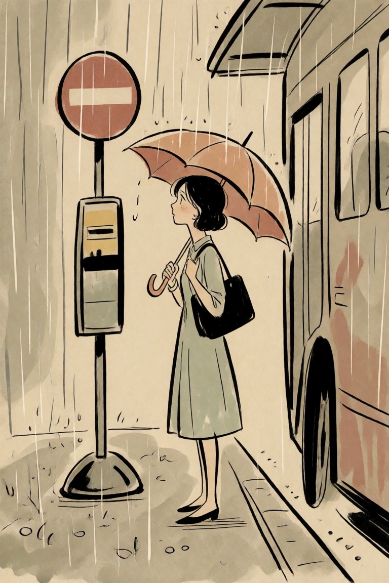 a woman waiting at a bus stop in the rain on Tensor.Art