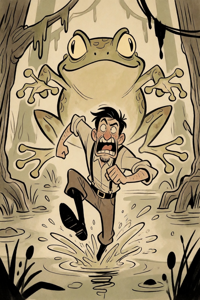 a man running through a swamp,  splashing,  chased by a giant frog on Tensor.Art