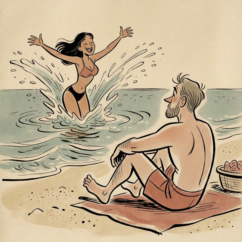 a woman splashing in the water near a beach,  a man in swim trunks sitting on a towel nearby on Tensor.Art