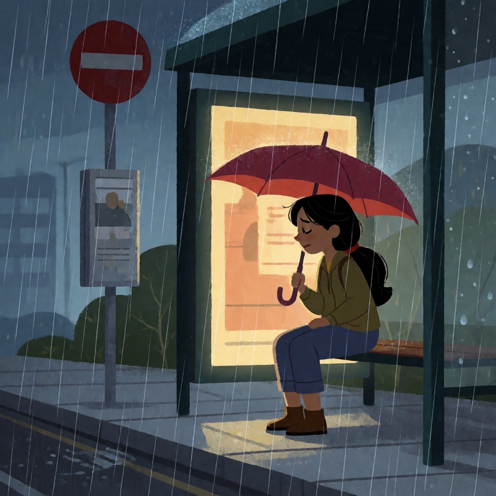 a woman waiting at a bus stop in the rain on Tensor.Art