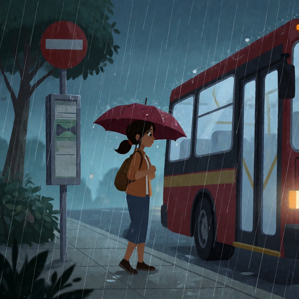 a woman waiting at a bus stop in the rain on Tensor.Art